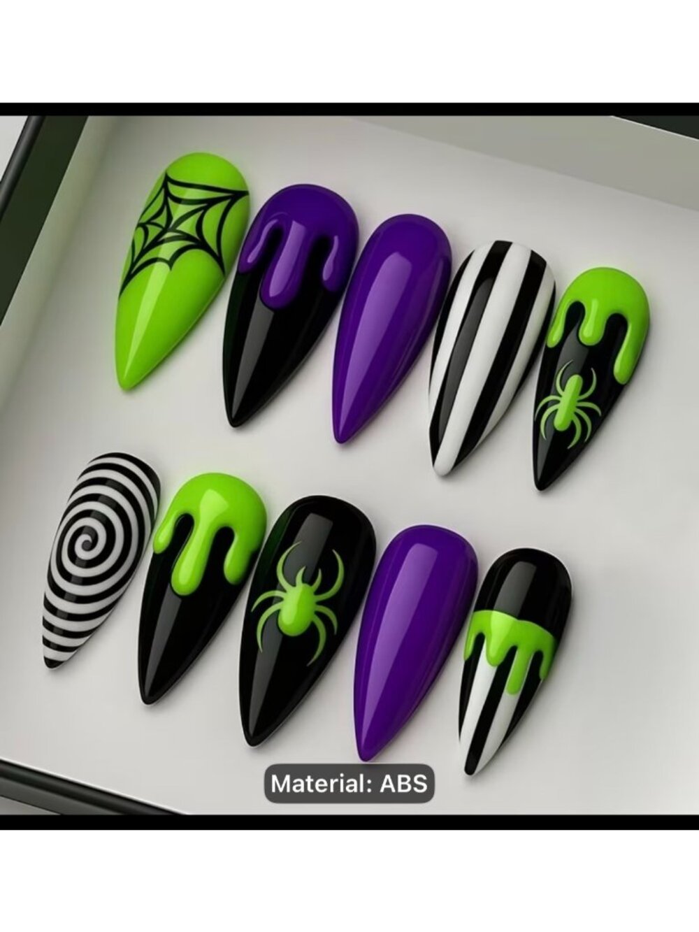 Beetlejuice-Themed Halloween Press-On Nails Neon Green Purple & Black ABS Materi